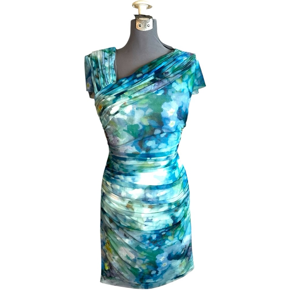 Kay Unger watercolor Mesh Asymmetrical Bodycon Sheath Dress Size Medium Cocktail